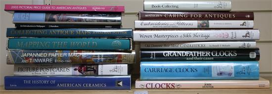 A quantity of reference books relating to clocks, candlesticks, embroideries, book collecting, postcards,